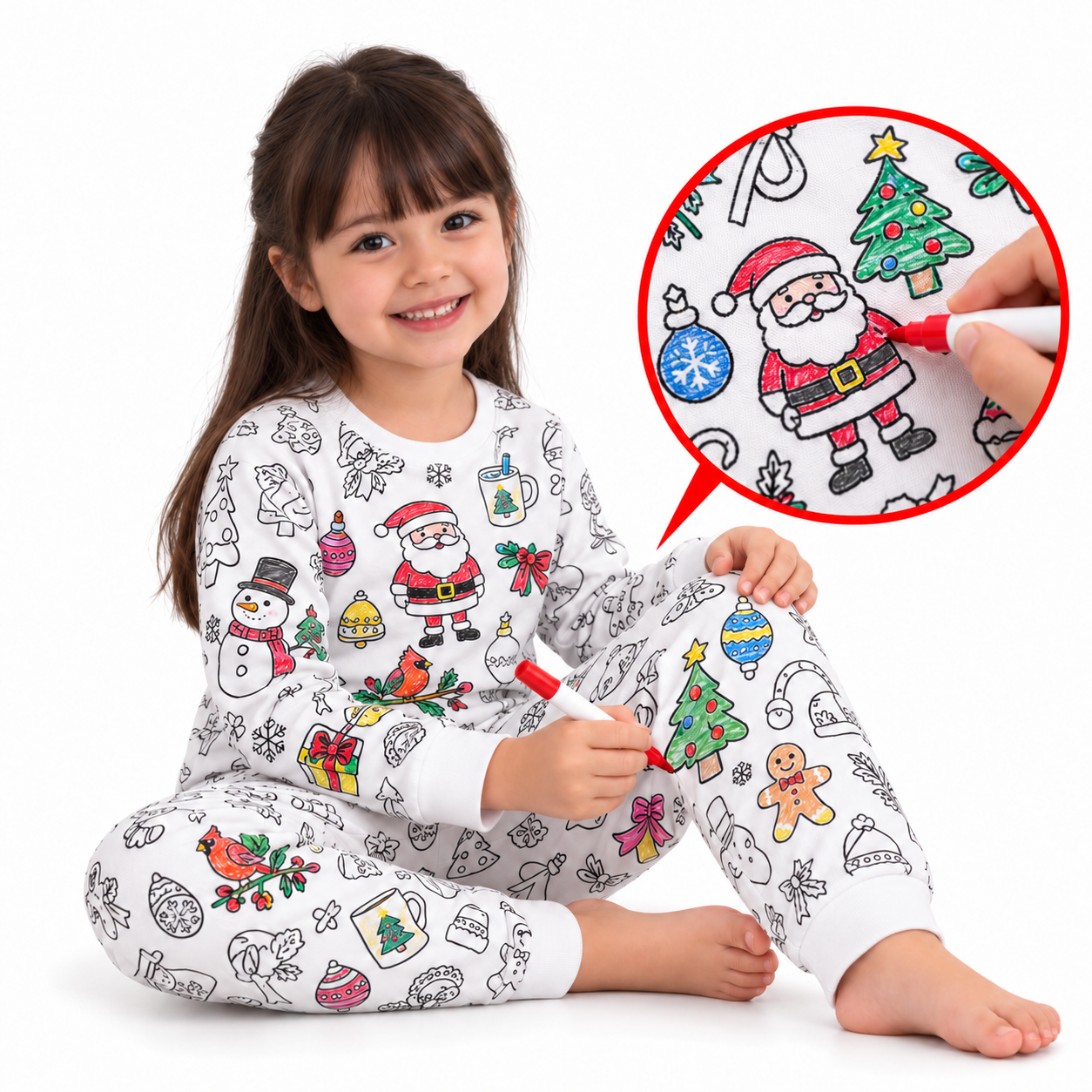 Girl coloring her pajamas with fabric markers