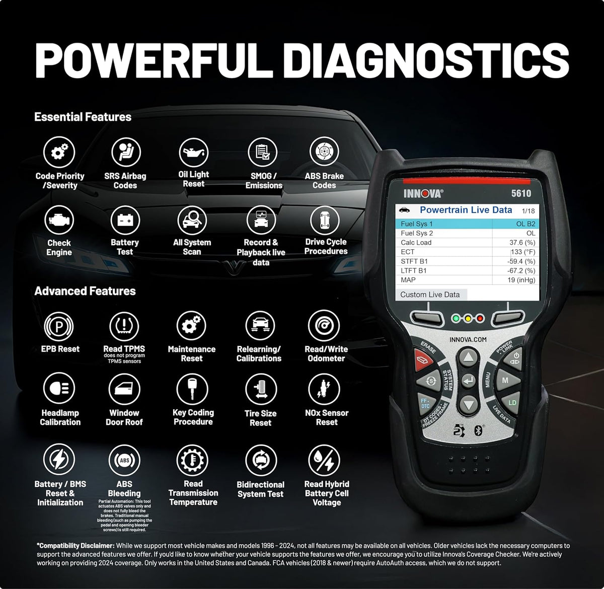 Innova 5610 OBD2 Bidirectional Scan Tool - Understand Your Vehicle, Pinpoint What's Wrong, and Complete Your Repairs with Less Headache, Updates Included, US-Based Technical Support