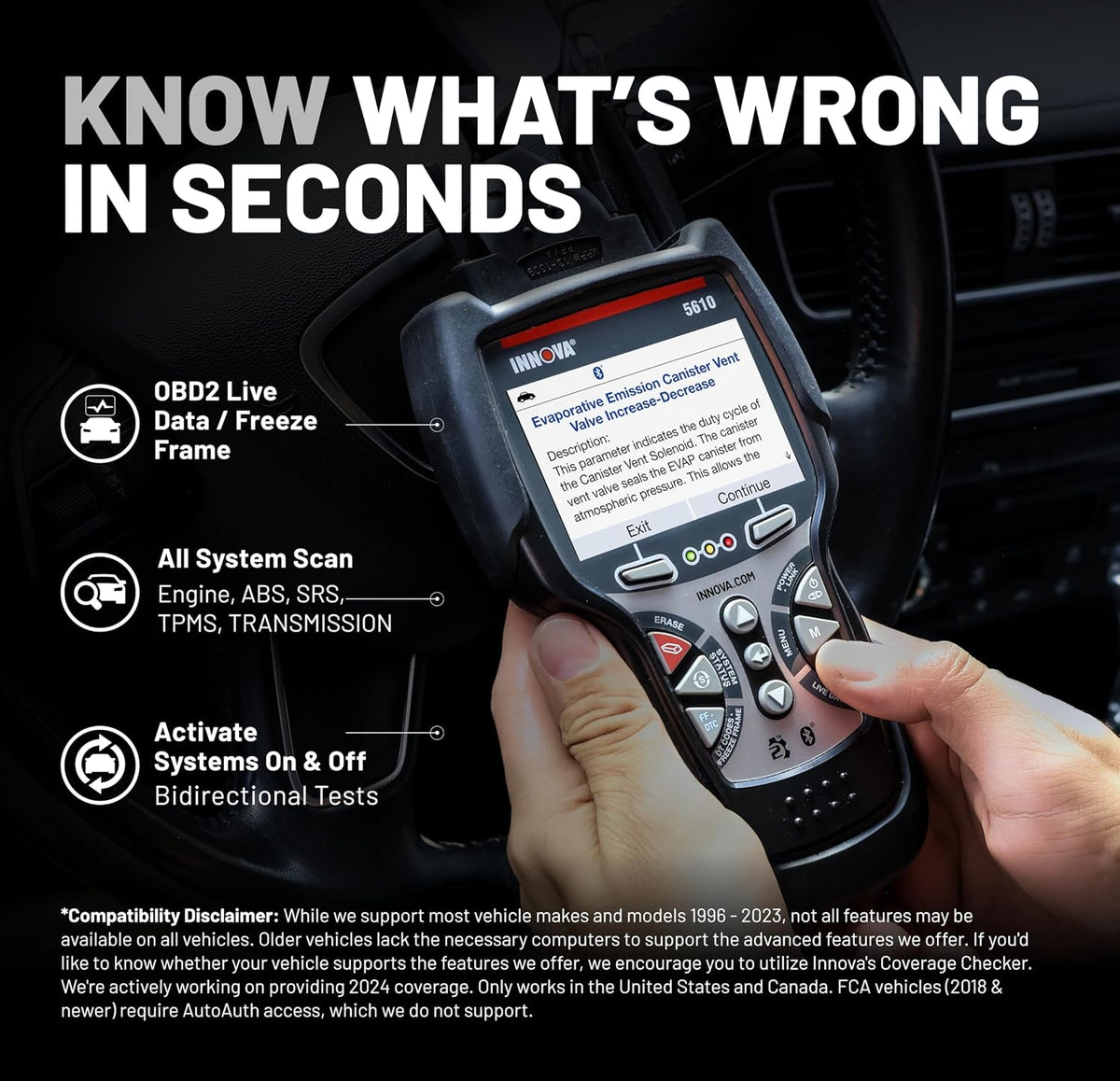 Innova 5610 OBD2 Bidirectional Scan Tool - Understand Your Vehicle, Pinpoint What's Wrong, and Complete Your Repairs with Less Headache, Updates Included, US-Based Technical Support