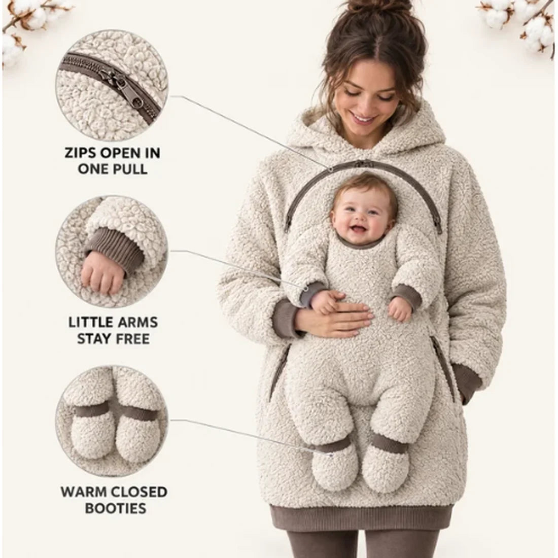 LazyNest™ Baby Pouch Hoodie features – zips open in one pull, little arms stay free, warm closed booties