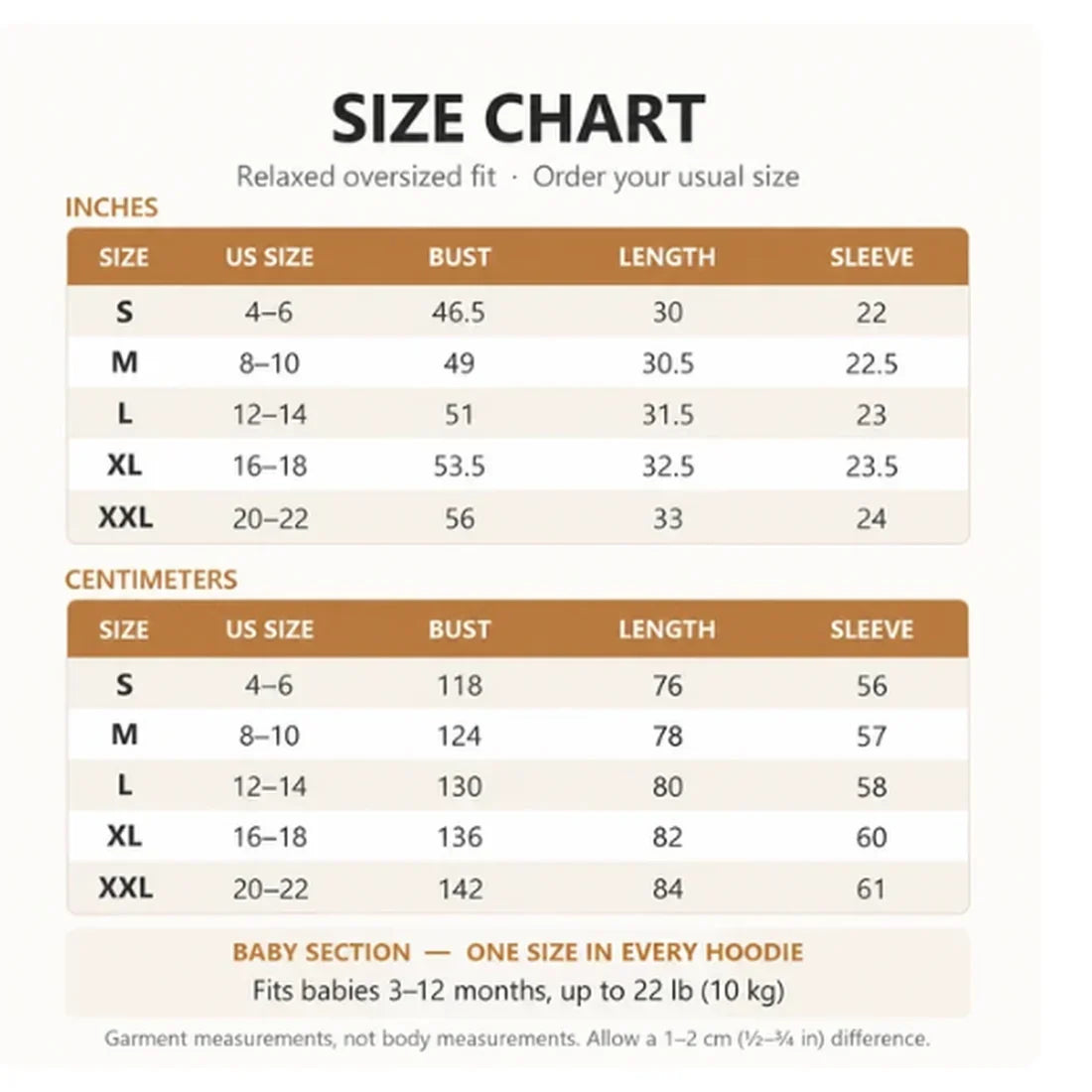 LazyNest™ Baby Pouch Hoodie size chart