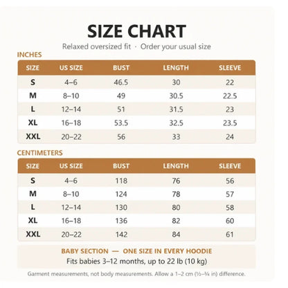 LazyNest™ Baby Pouch Hoodie size chart