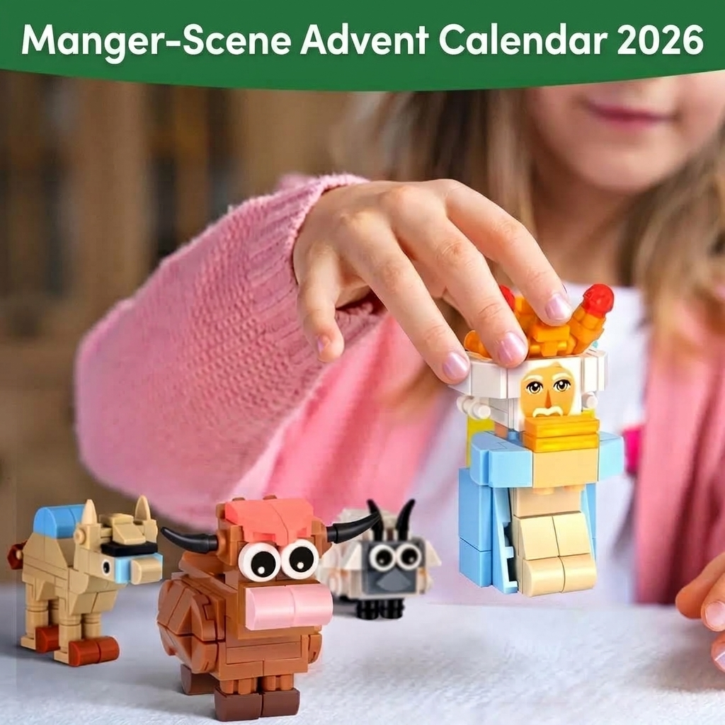Child building nativity figures from the advent calendar