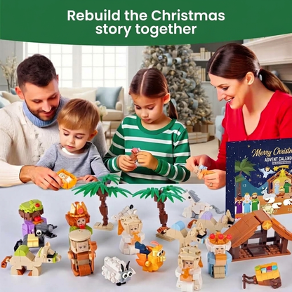 Family rebuilding the Christmas story with the finished nativity scene