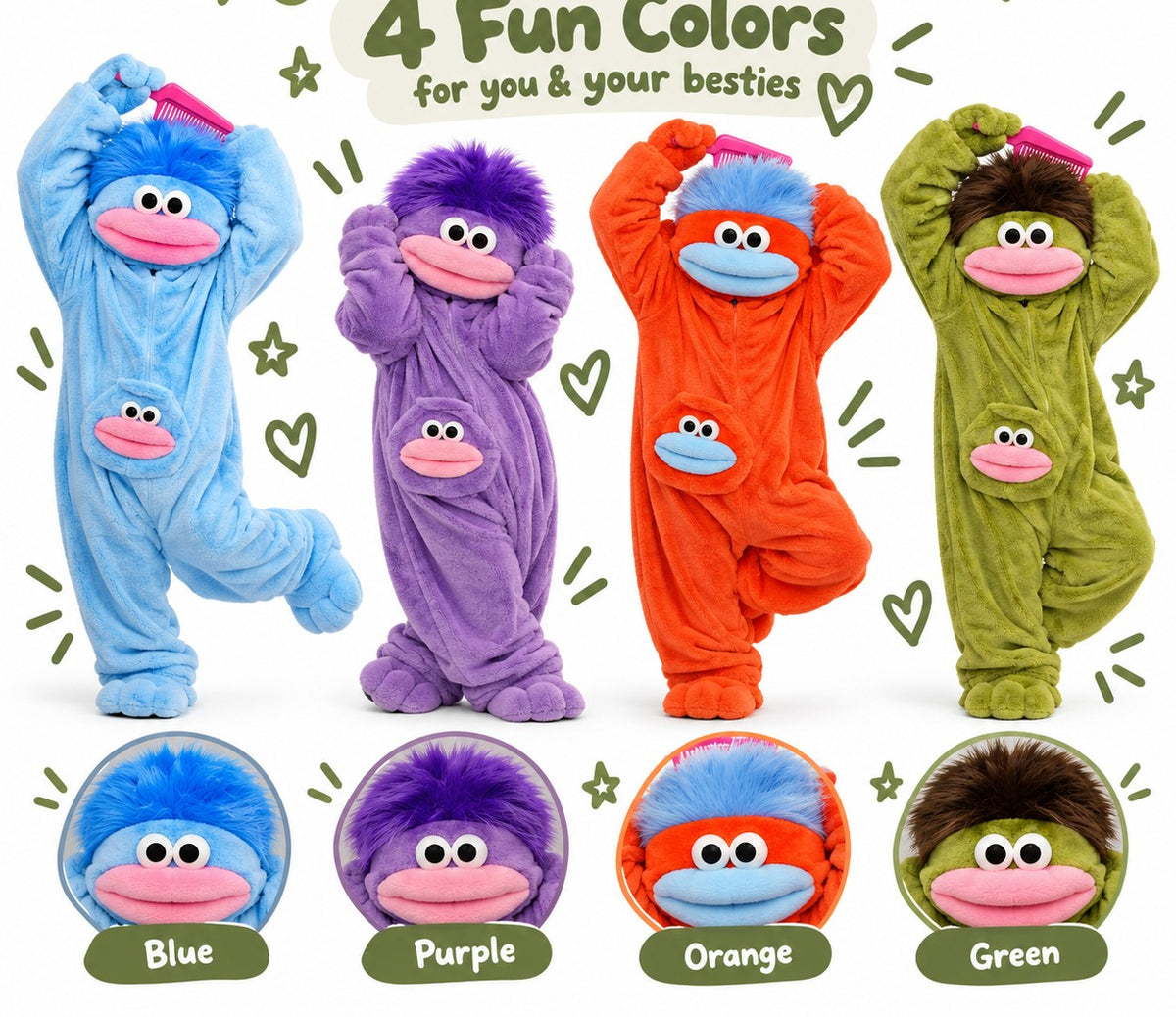 Belly Buddy in 4 fun colors: blue, purple, orange and green