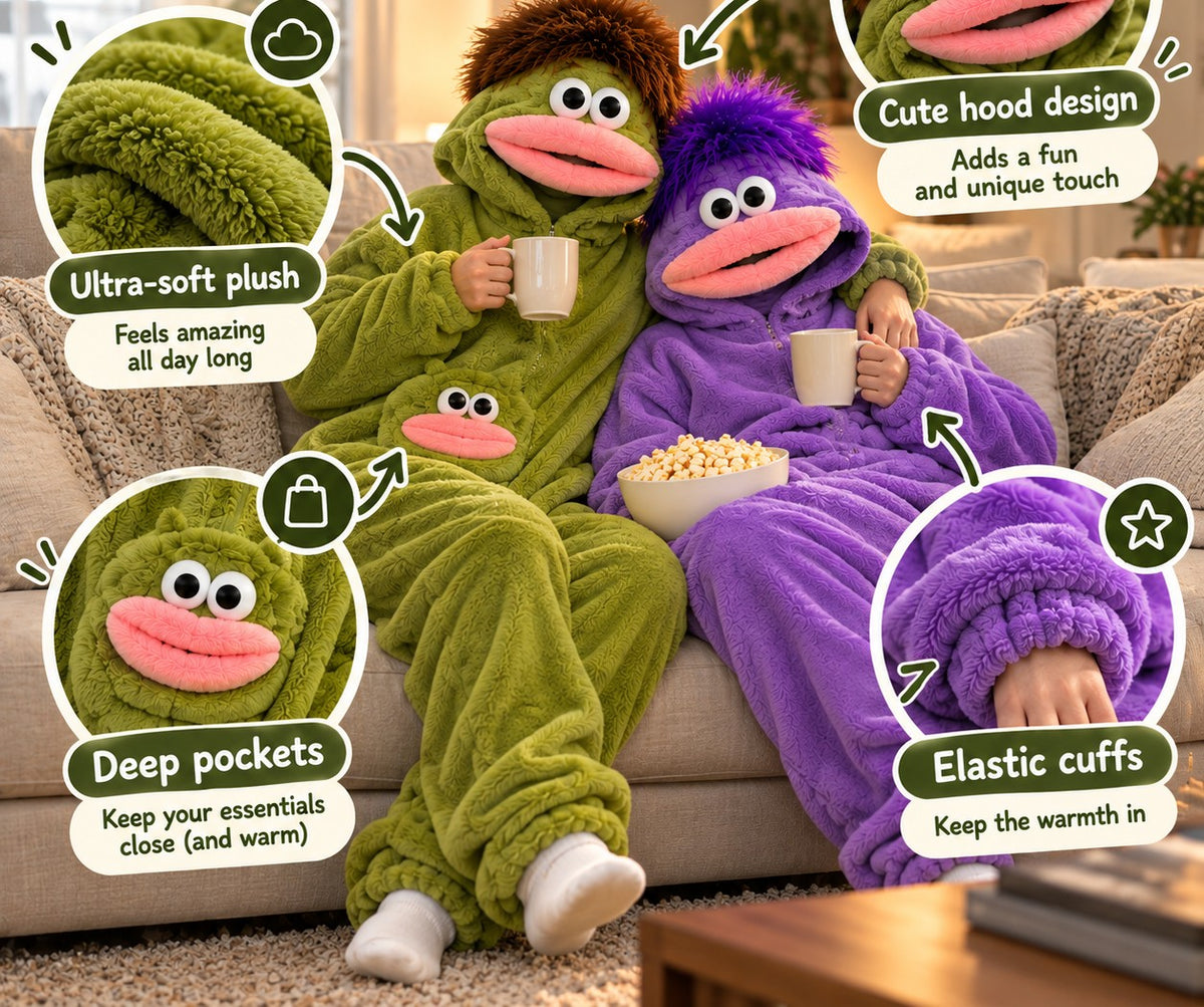 Belly Buddy features: ultra-soft plush, deep pockets, cute hood design, elastic cuffs