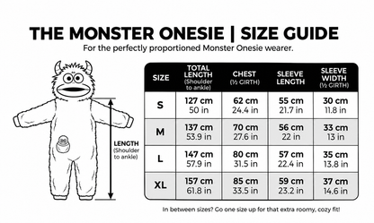 Belly Buddy monster onesie size guide S to XL