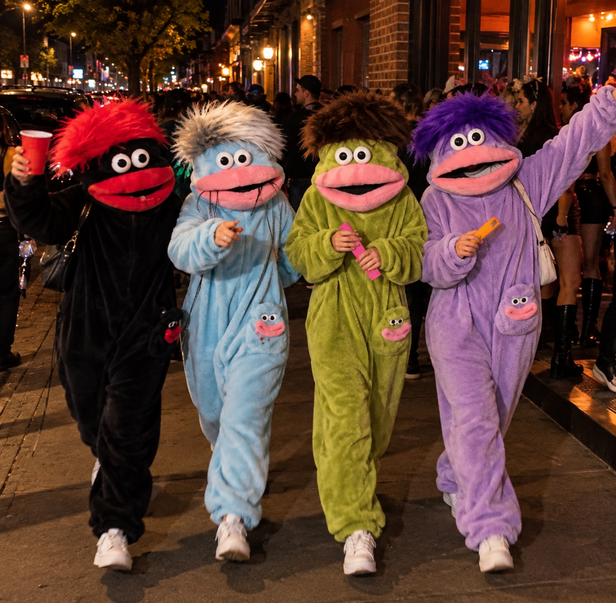A squad in matching monster onesies on a night out