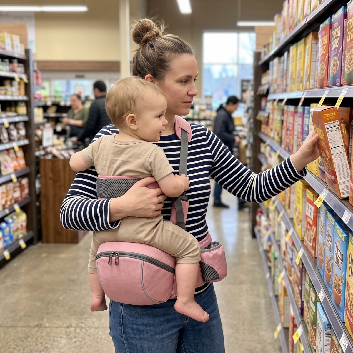 Mom shopping with baby on the hip seat