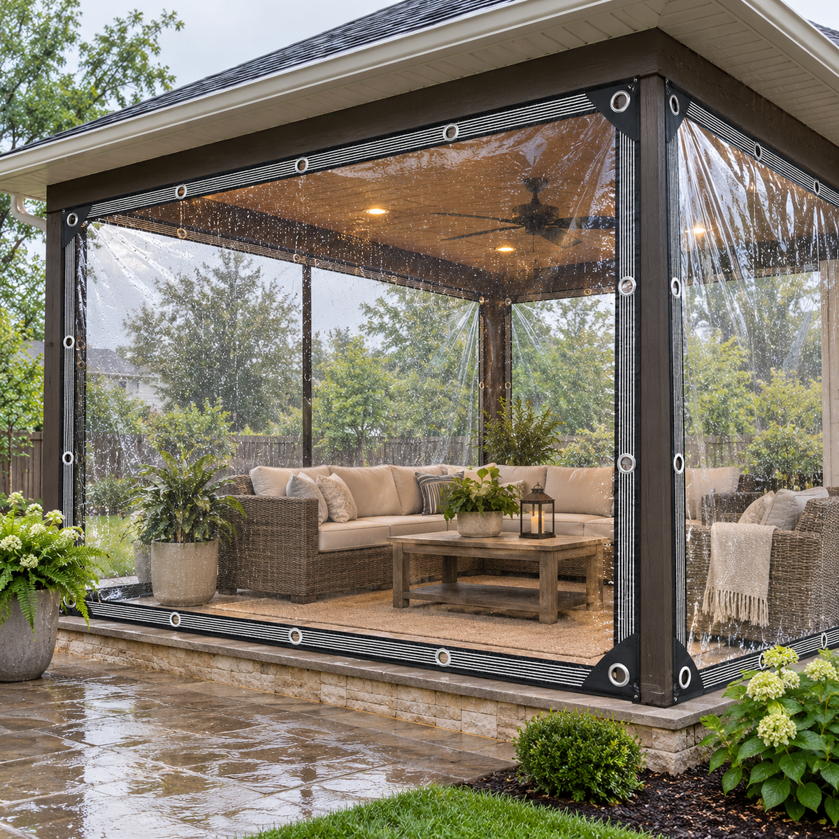 Clear waterproof tarp installed around a covered patio