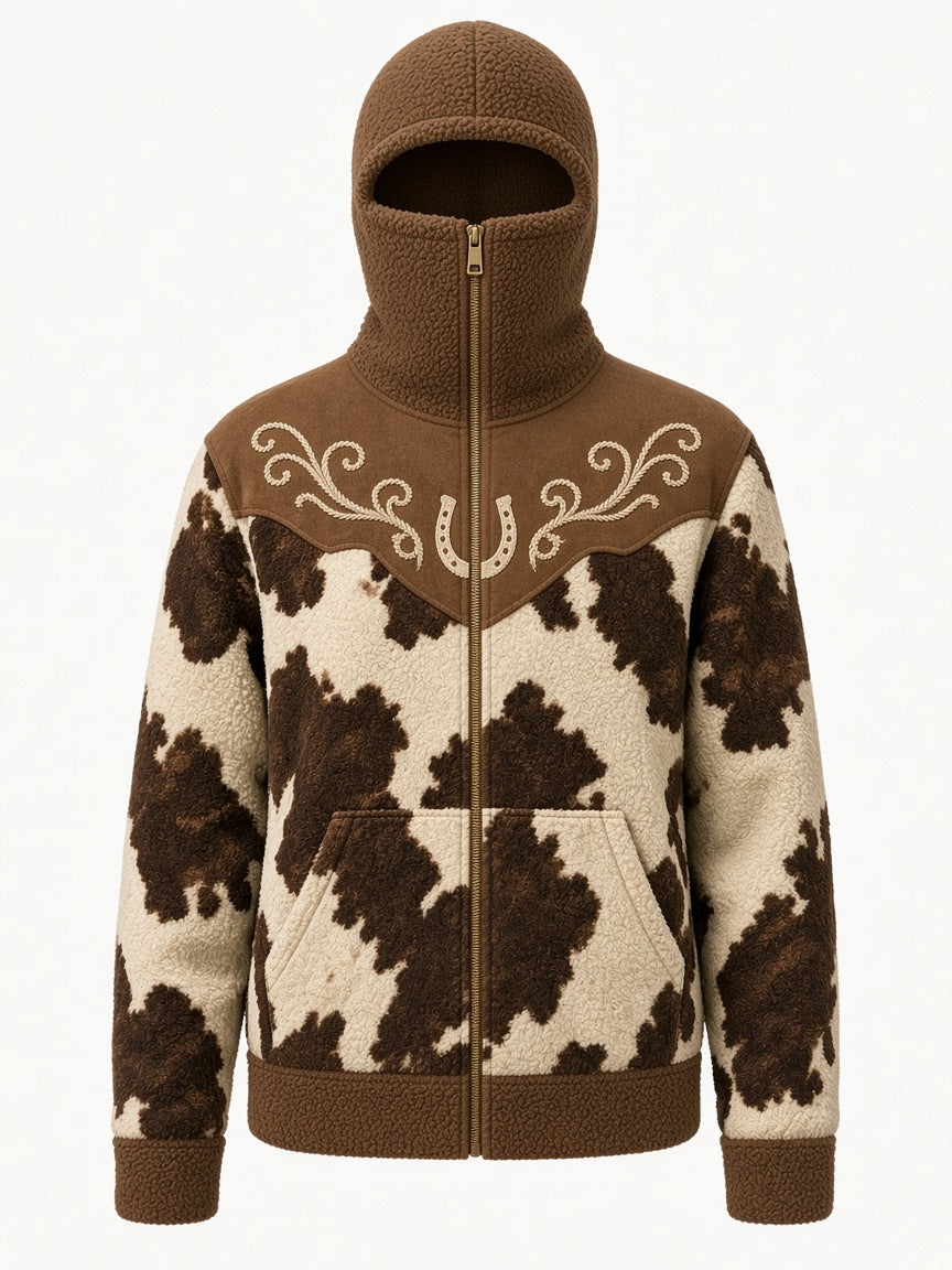 Cowboy Chocolate sherpa balaclava hoodie, cowhide print with brown trim