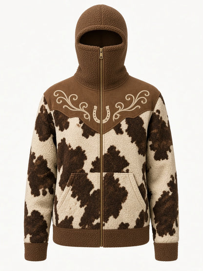 Cowboy Chocolate sherpa balaclava hoodie, cowhide print with brown trim