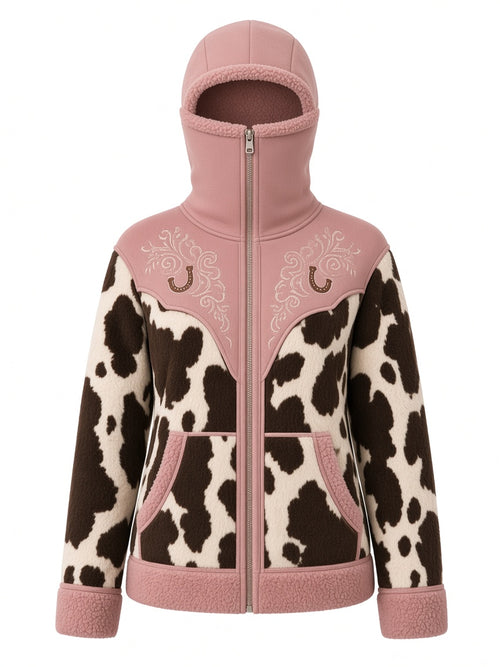 Cowgirl Rose sherpa balaclava hoodie, cowhide print with pink trim