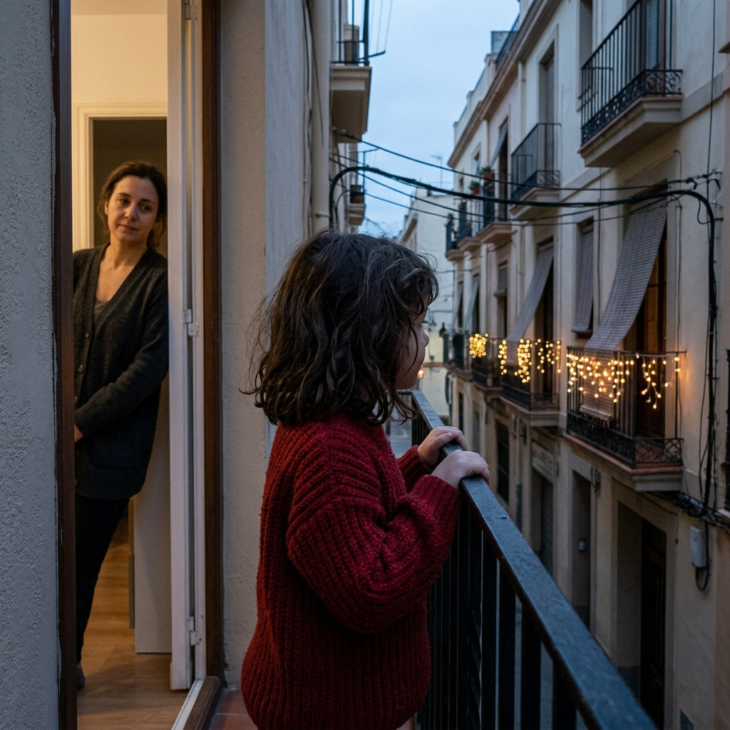 Child looking out at the neighbors' Christmas lights from a balcony
