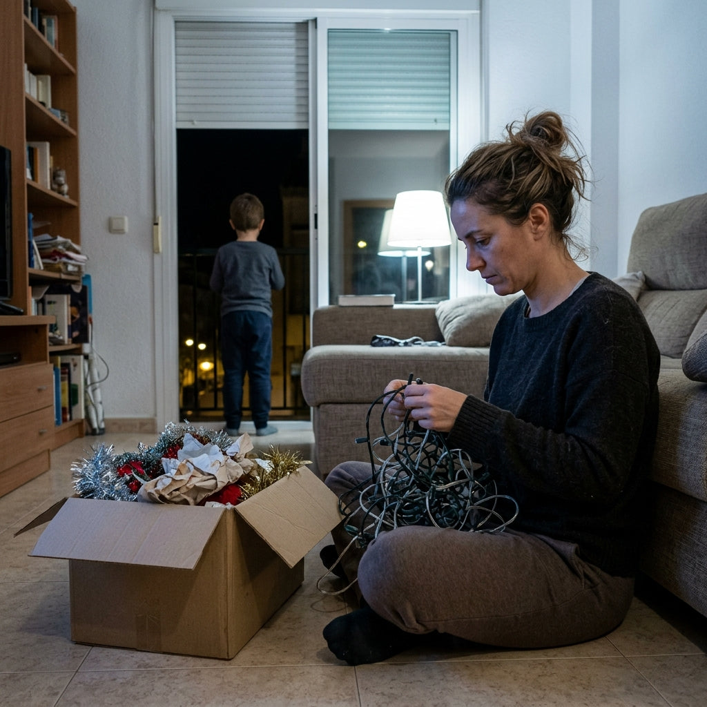Woman untangling a box of Christmas lights on the living room floor