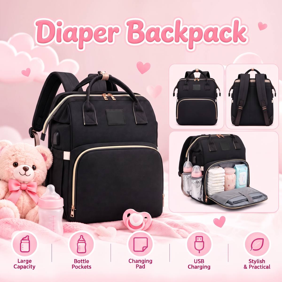 4-in-1 Baby Diaper Bag Backpack
