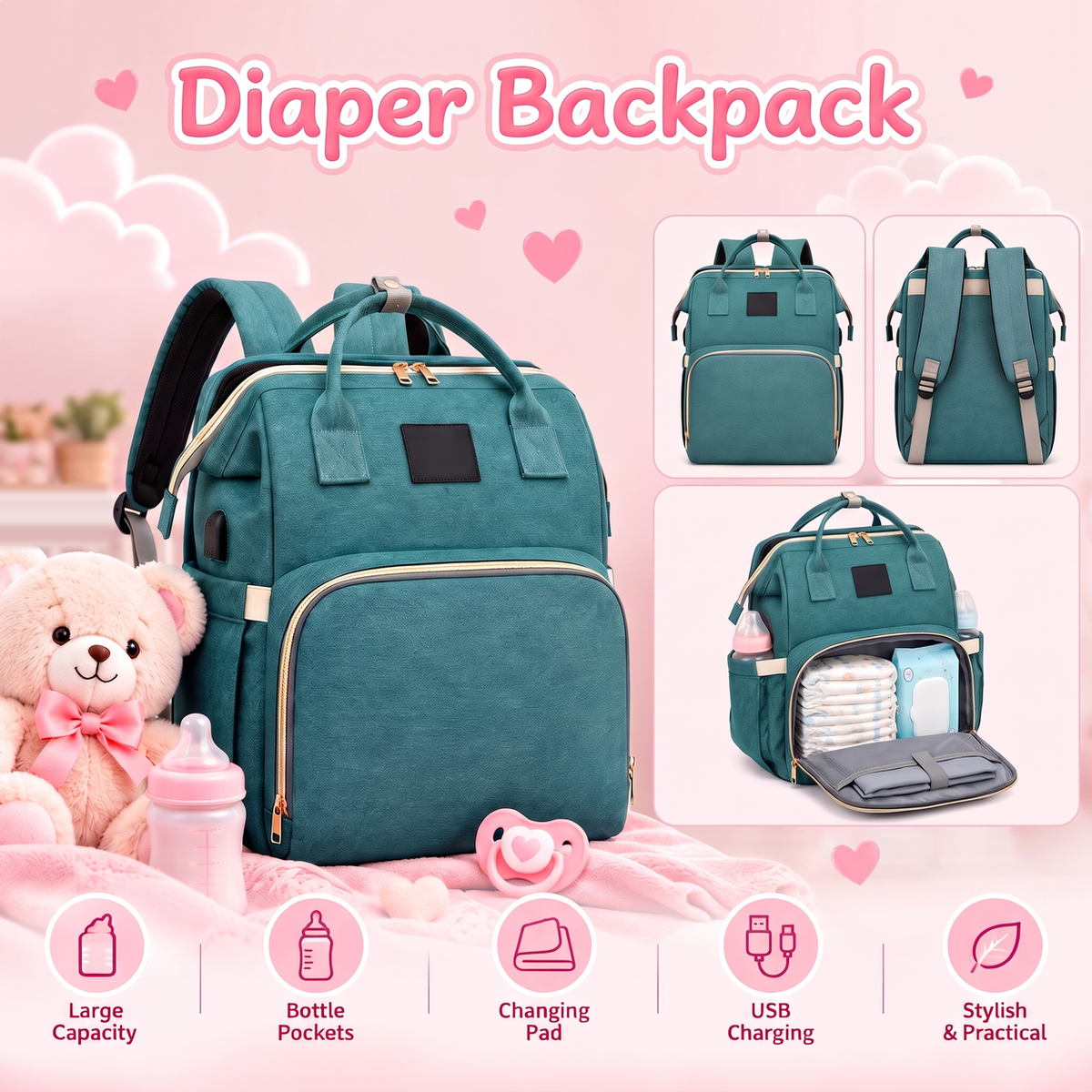 4-in-1 Baby Diaper Bag Backpack