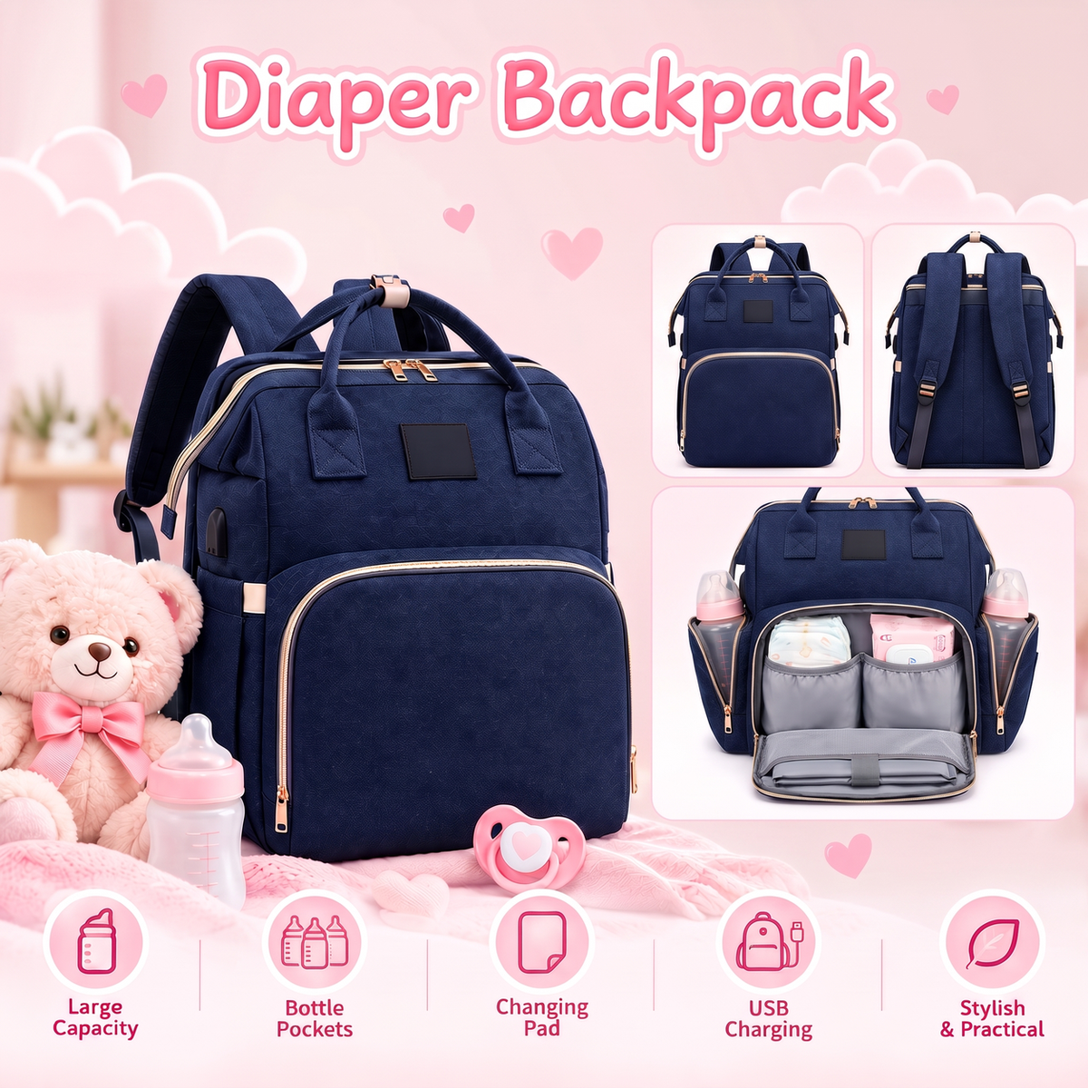 4-in-1 Baby Diaper Bag Backpack