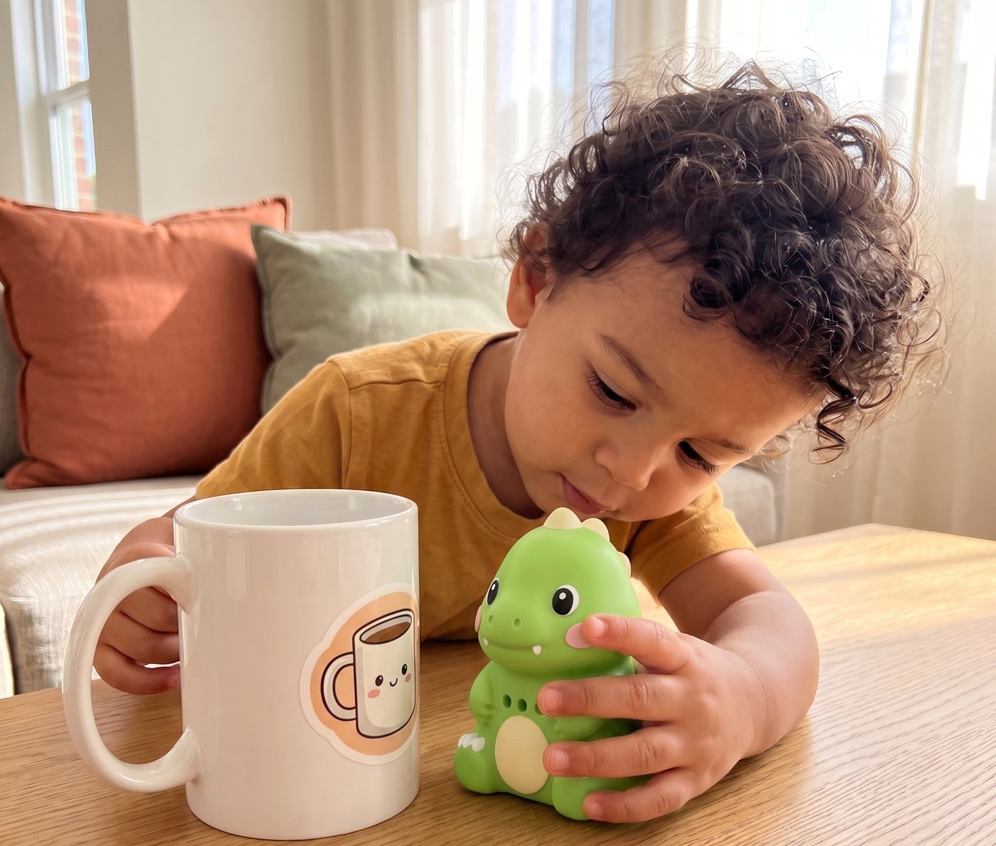 A toddler playing with the green talking dino buddy at a table