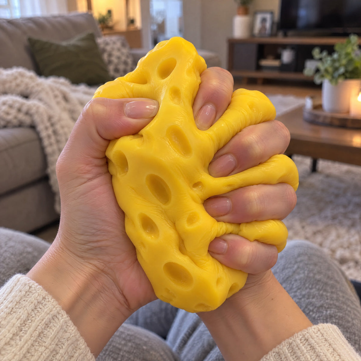 Squeezing a soft yellow cheese squishy