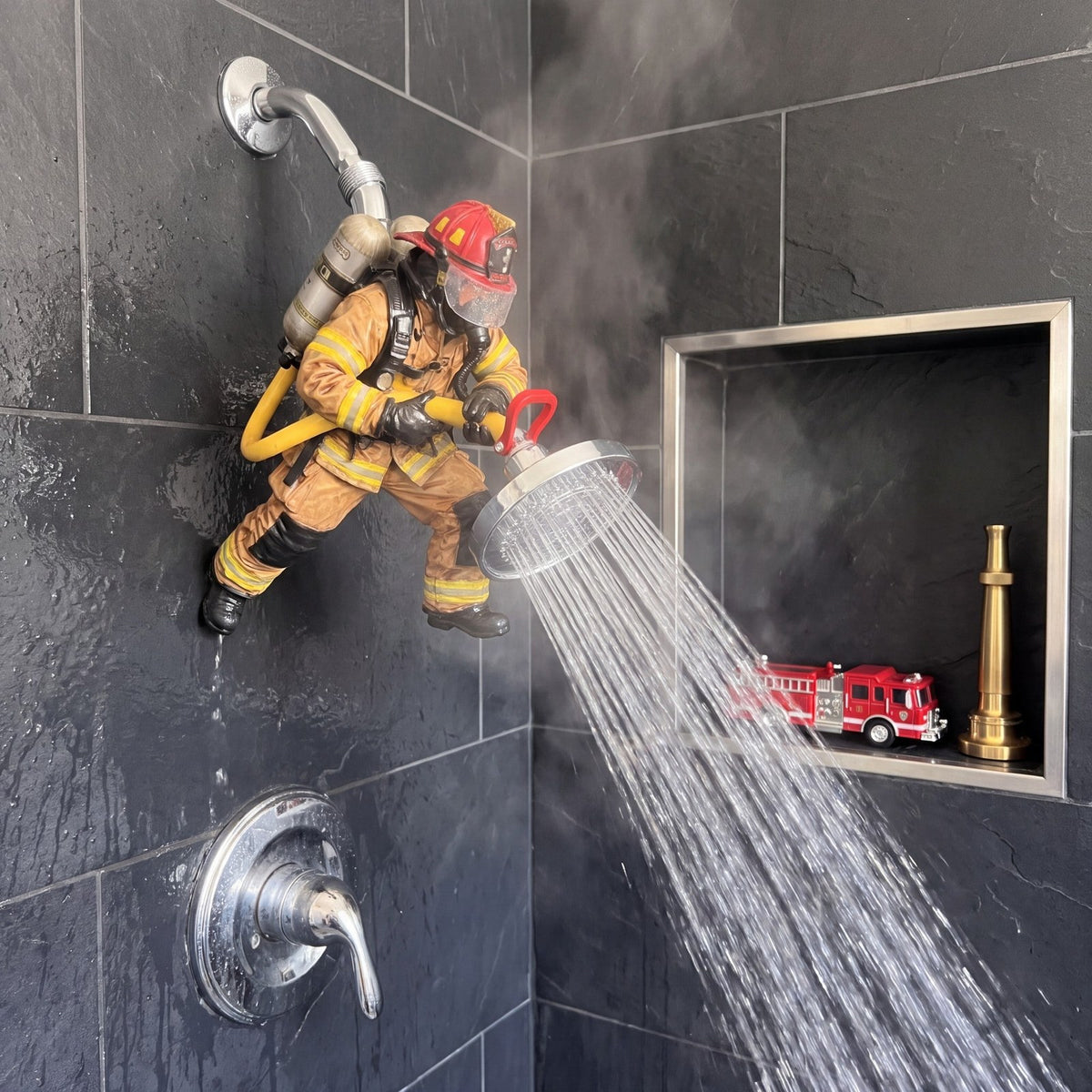 Hose Hero Firefighter Shower Head in a dark tiled shower