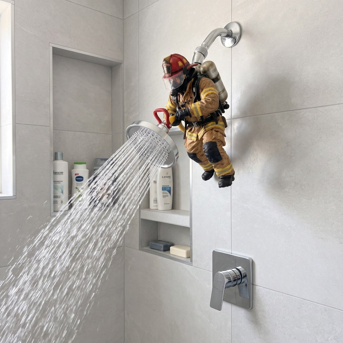 Hose Hero Firefighter Shower Head in a light tiled shower