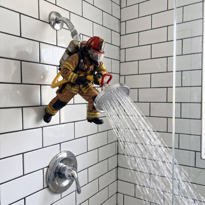 Hose Hero Firefighter Shower Head on a subway tile wall