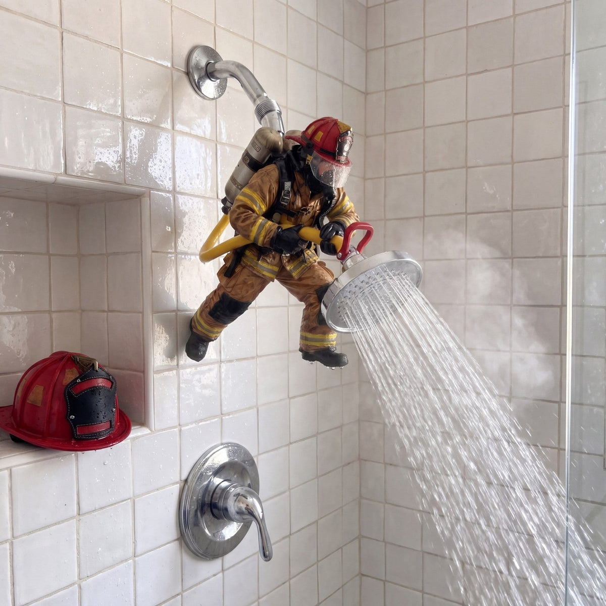 Hose Hero Firefighter Shower Head with a helmet on the shelf