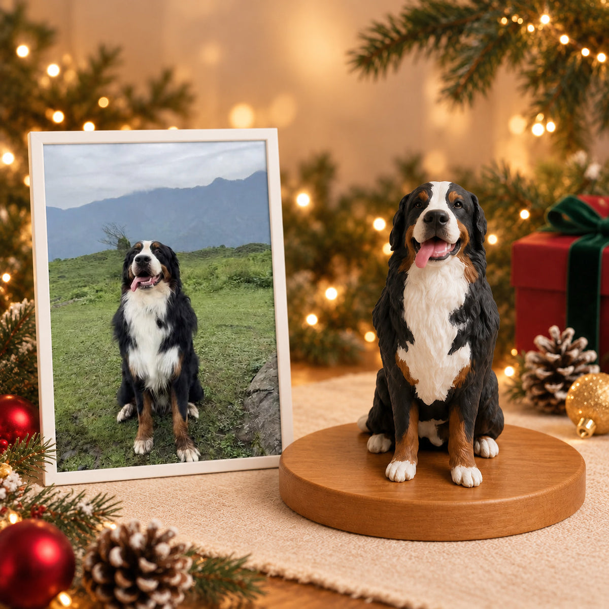 Custom 3D figurine of a Bernese Mountain Dog next to its photo