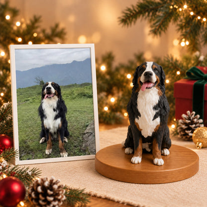 Custom 3D figurine of a Bernese Mountain Dog next to its photo