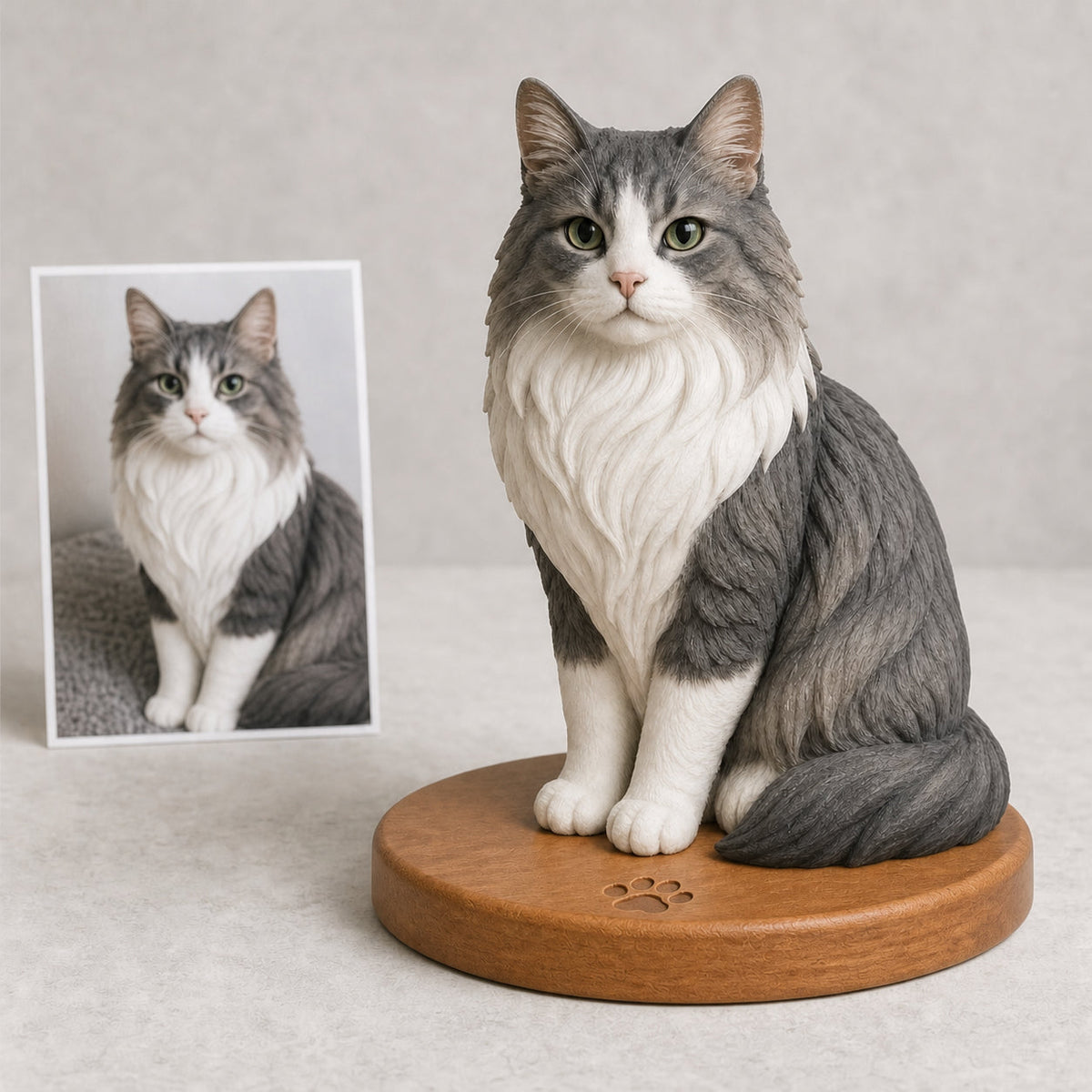 Custom 3D cat figurine made from a pet photo on a wooden base