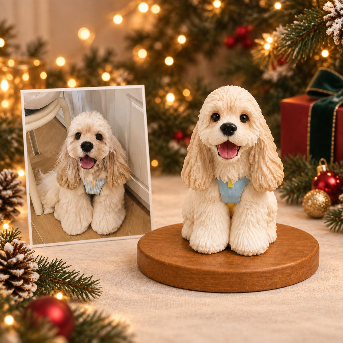 Custom 3D cocker spaniel figurine next to its photo
