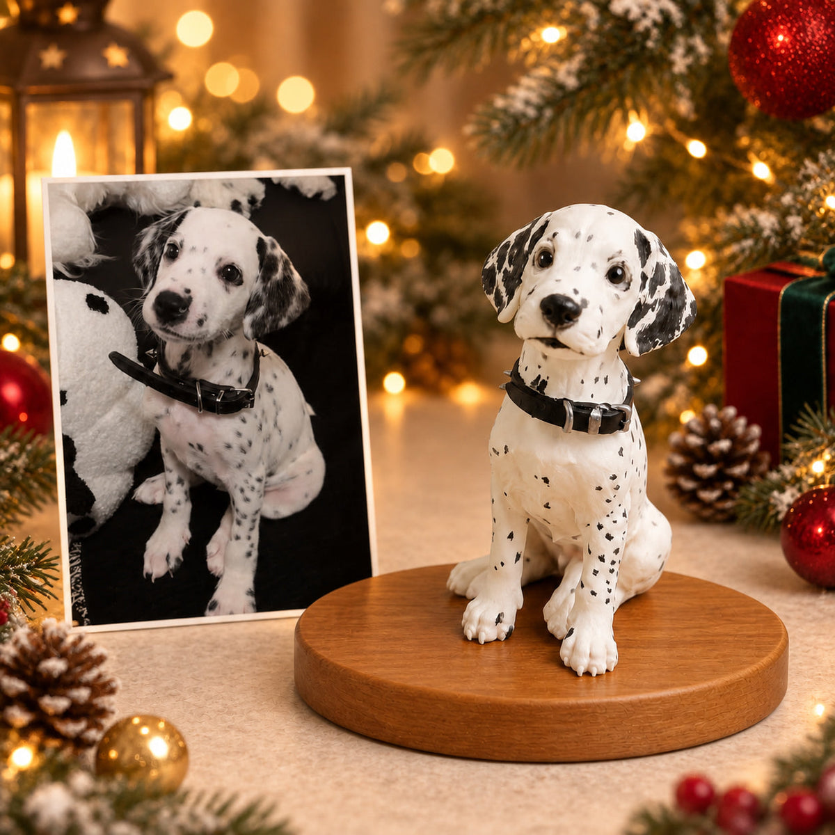 Custom 3D dalmatian figurine next to its photo