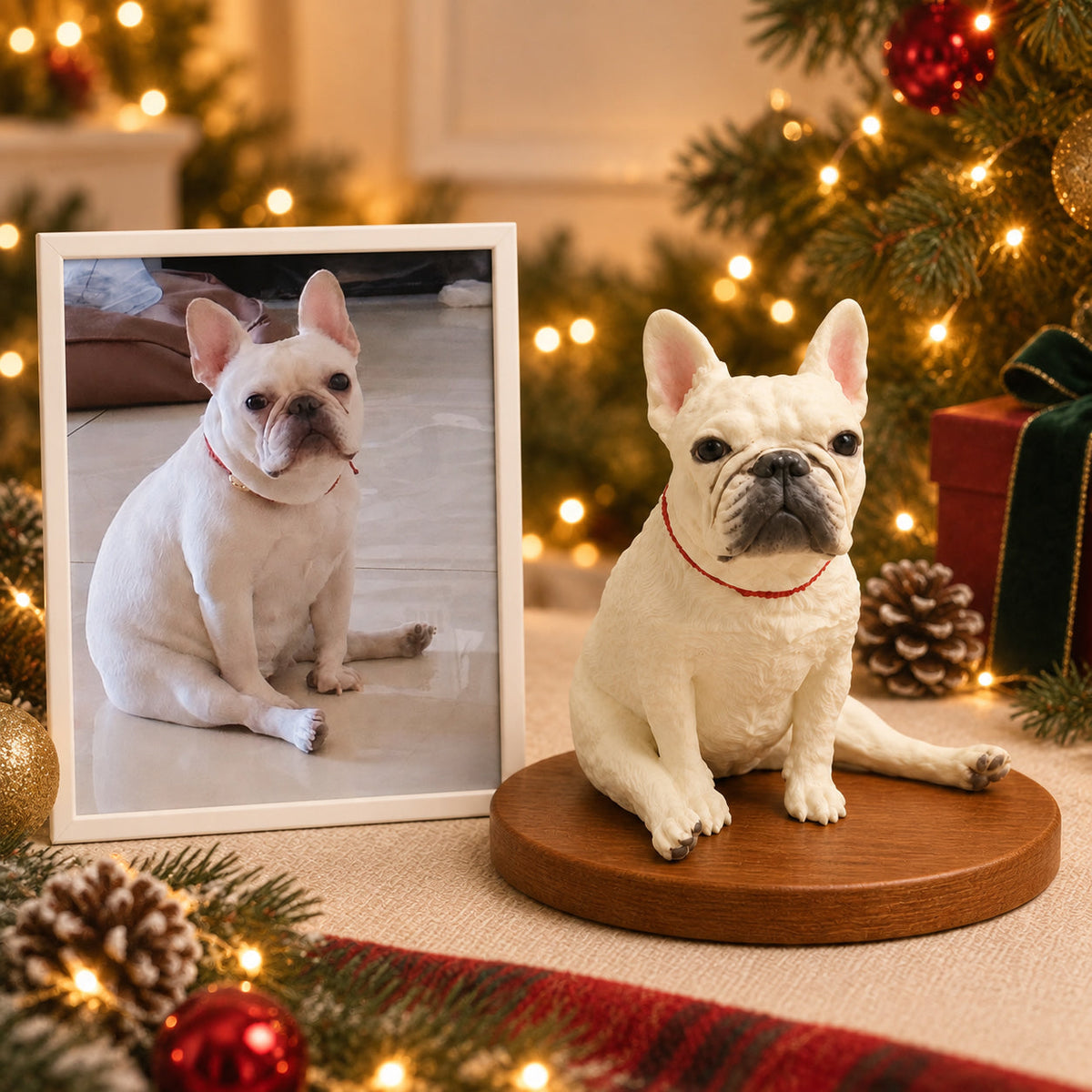 Custom 3D French bulldog figurine next to its photo