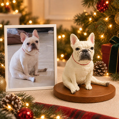 Custom 3D French bulldog figurine next to its photo
