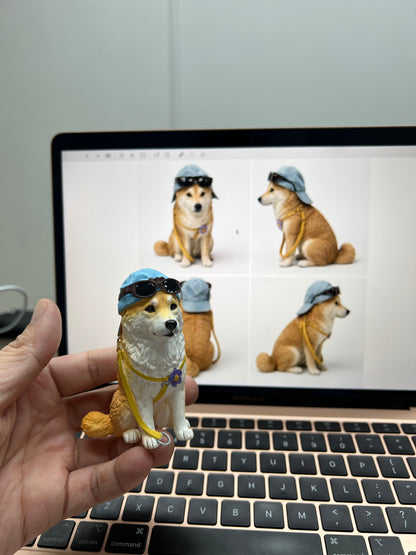 Real photo of a custom Shiba Inu figurine with hat and sunglasses