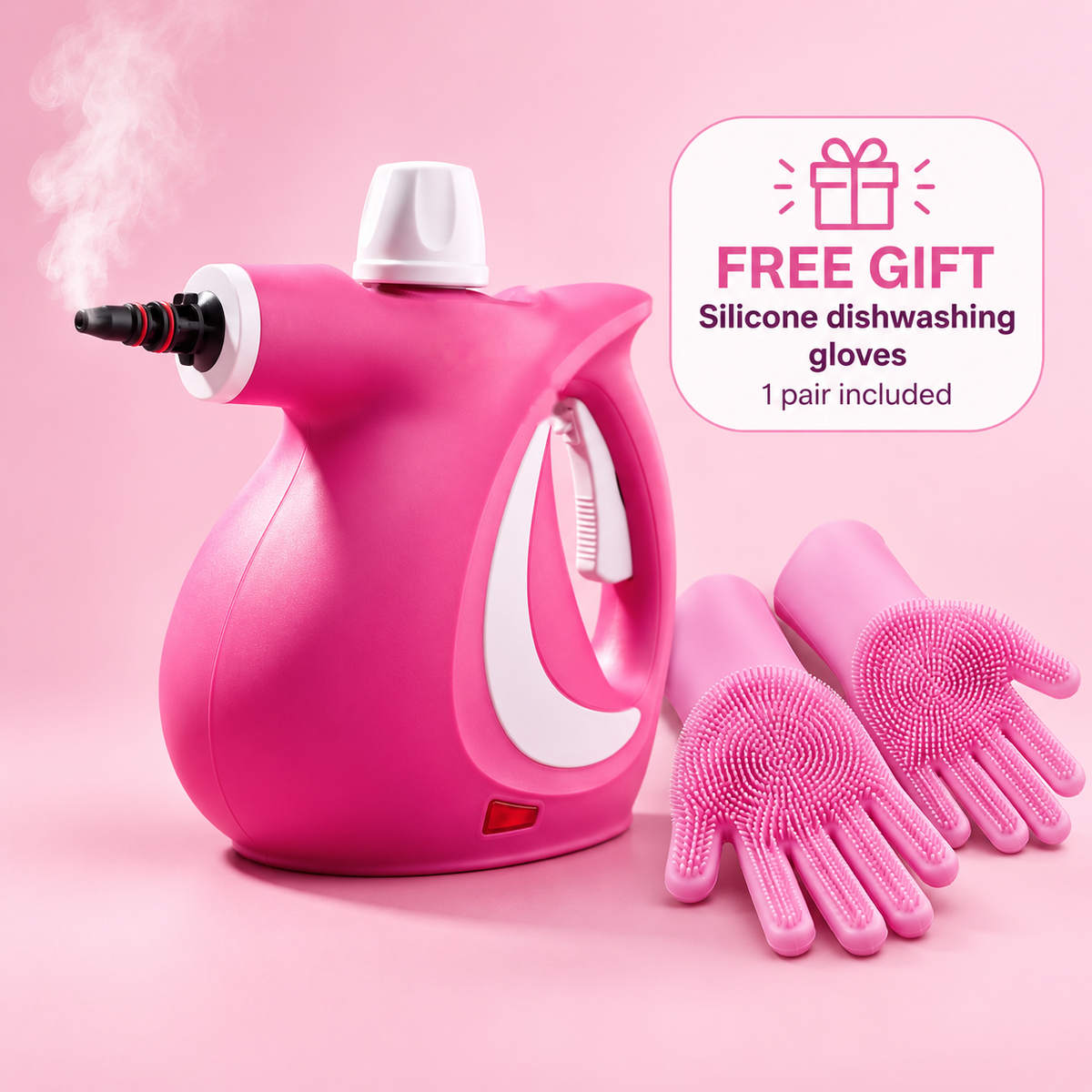 Grime Genie handheld steam cleaner with free silicone dishwashing gloves