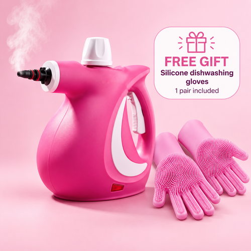 Grime Genie handheld steam cleaner with free silicone dishwashing gloves