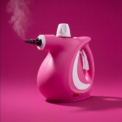 Grime Genie pink handheld steam cleaner releasing steam
