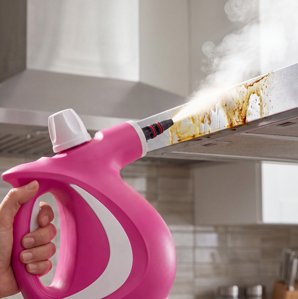 Grime Genie steaming grease off a range hood