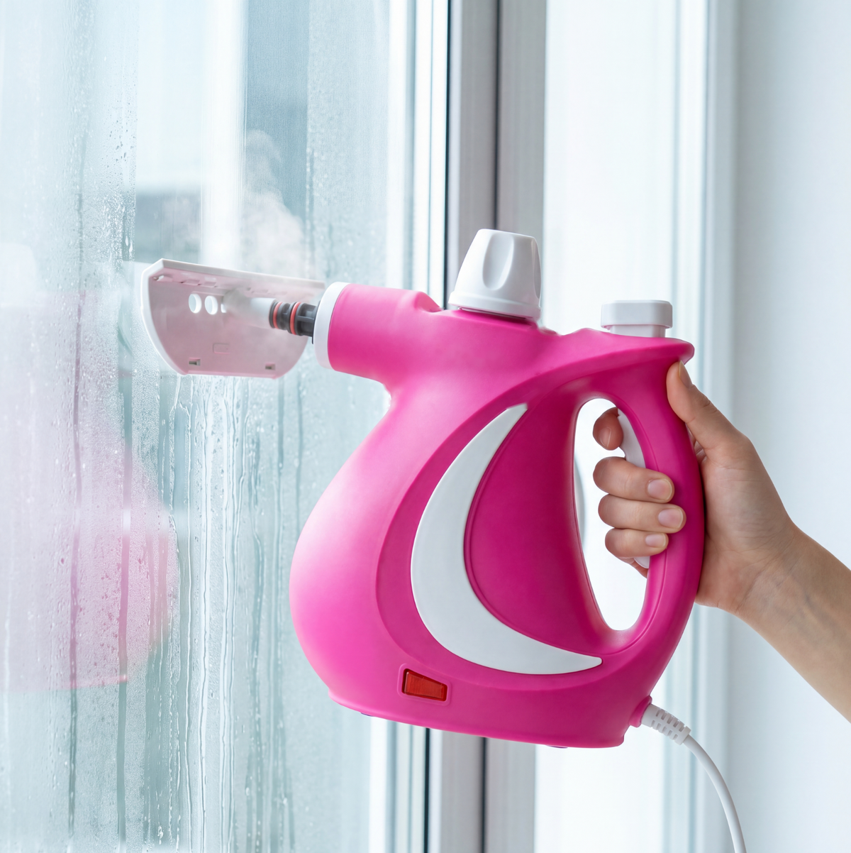 Grime Genie cleaning a window with the squeegee tool
