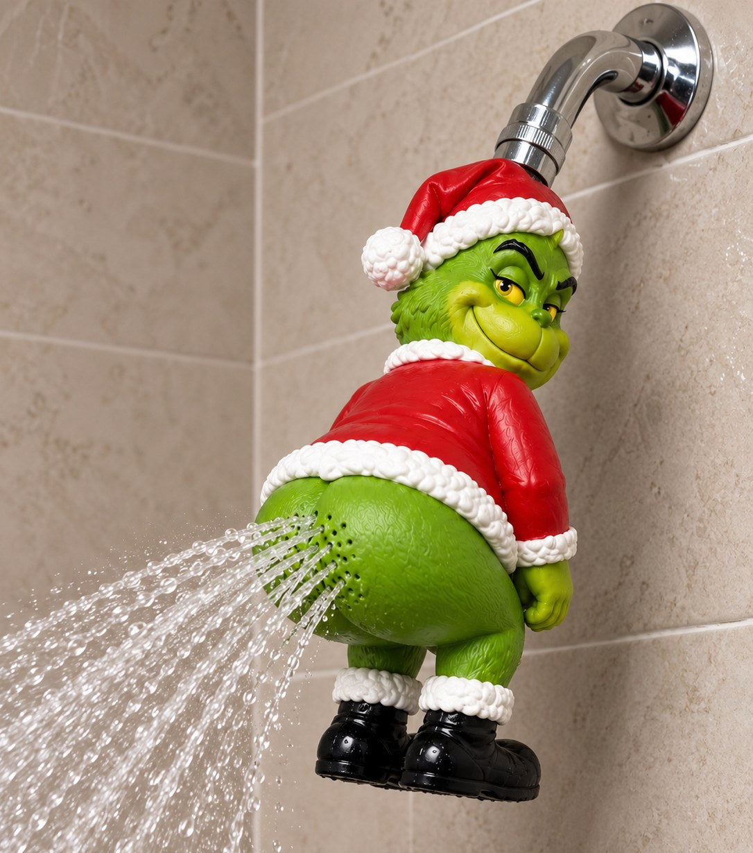 Grump Splash Santa Hat Shower Head hanging on a shower arm