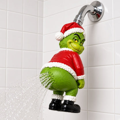 Grump Splash Santa Hat Shower Head spraying in the shower