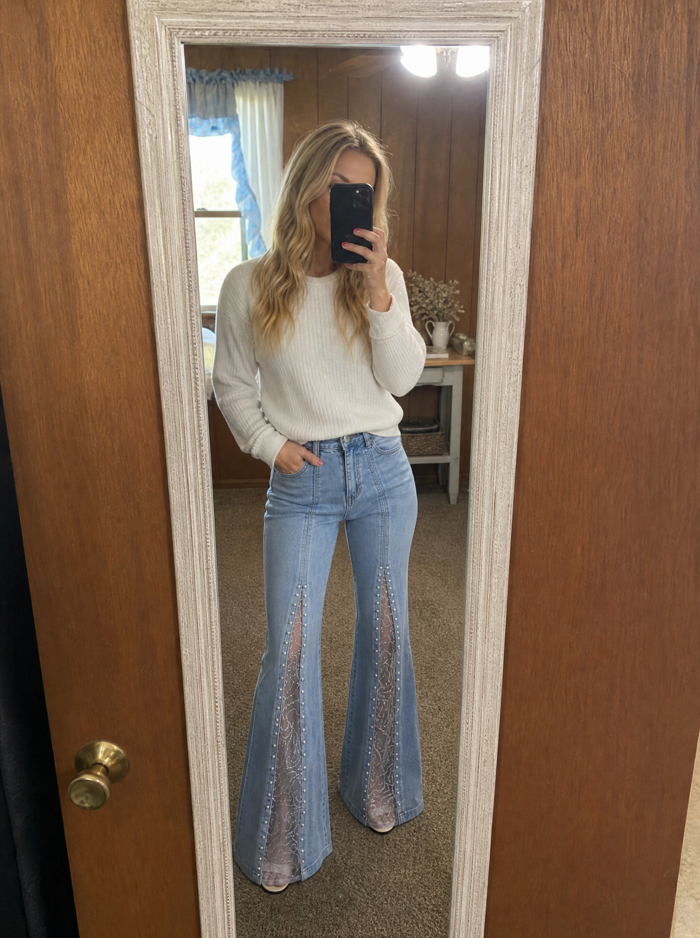 Western Side-Lace Cowgirl Jeans worn in a mirror photo