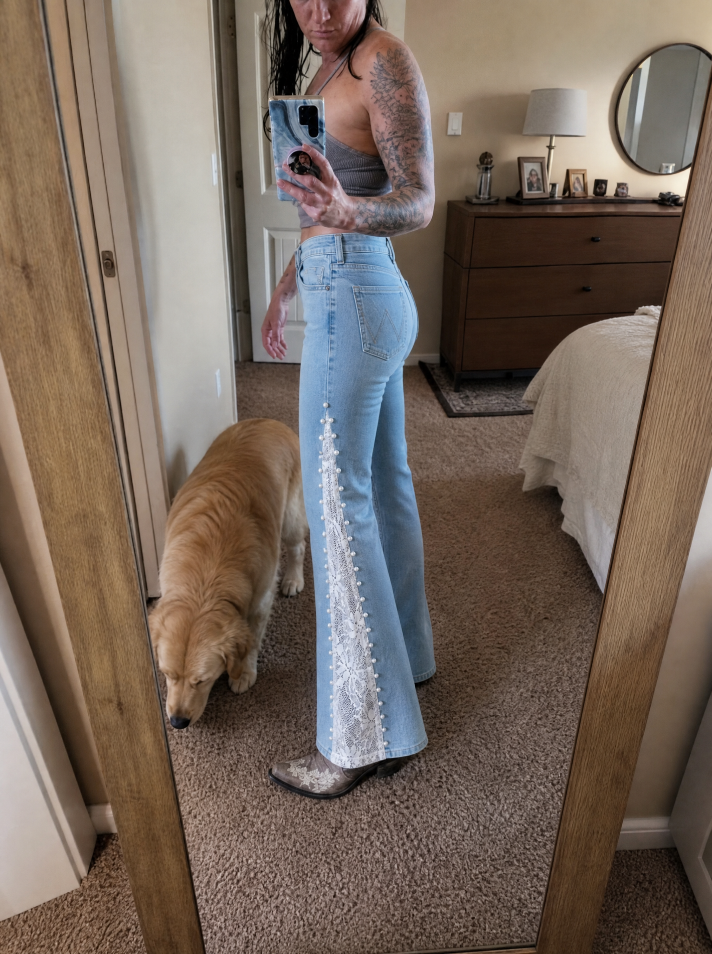 Side-lace jeans with hand-set pearls