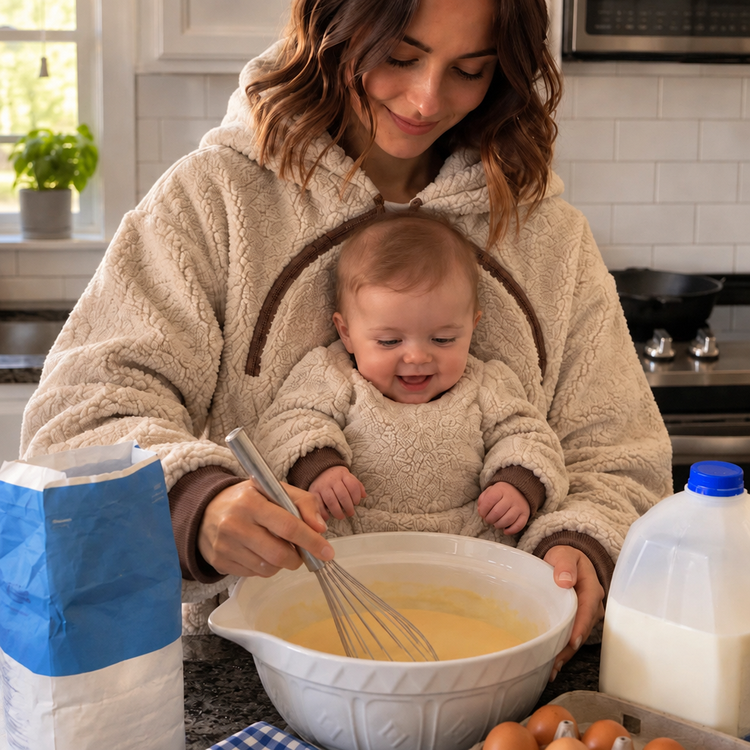 Mom wearing LazyNest baby pouch hoodie while baking with baby