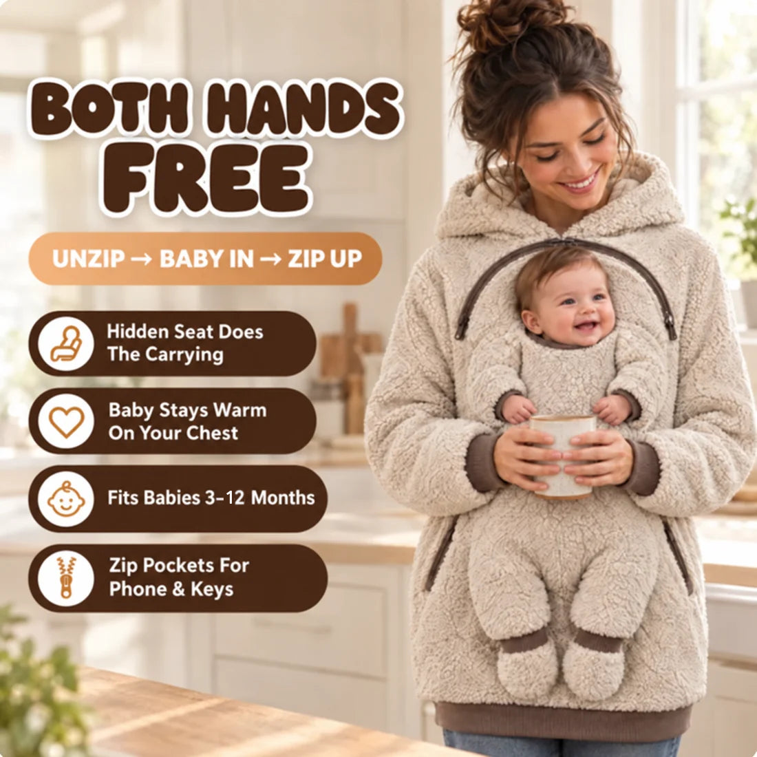 LazyNest™ Baby Pouch Hoodie – both hands free: unzip, baby in, zip up