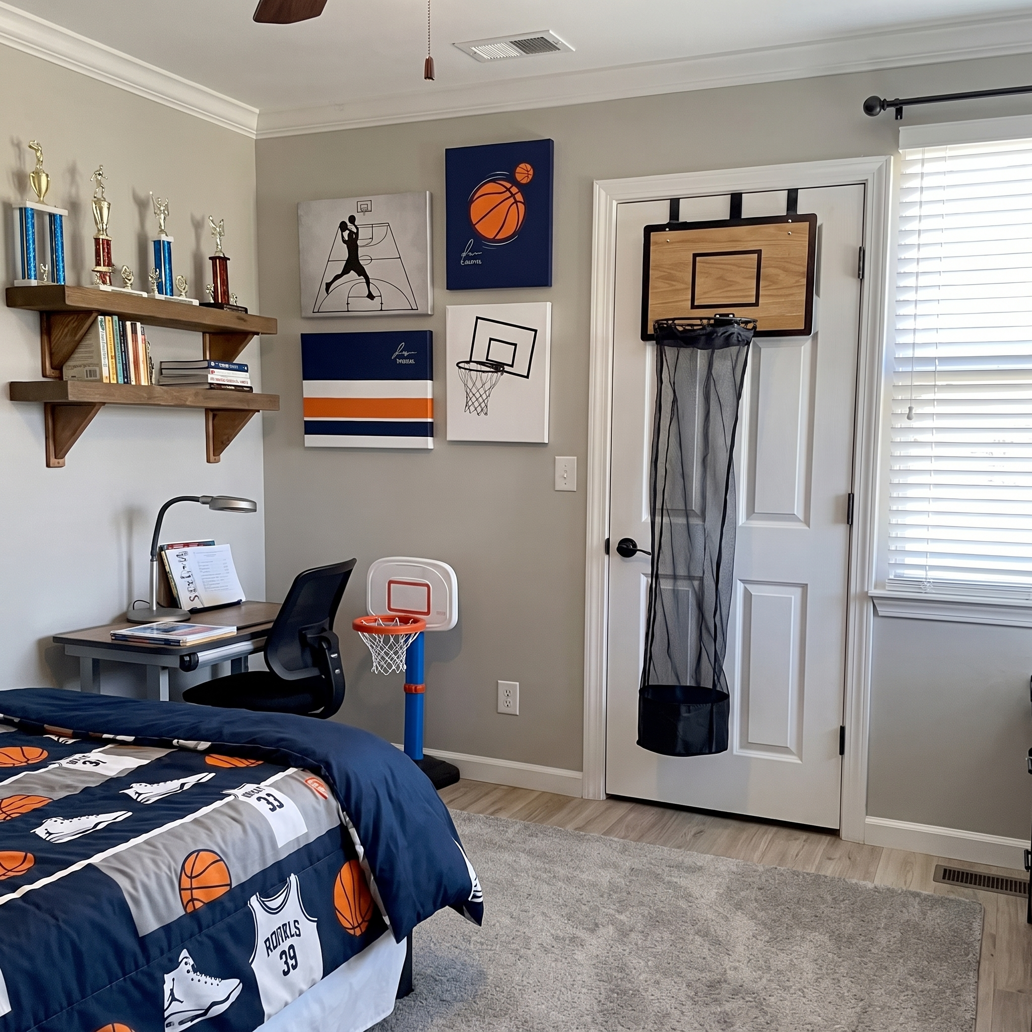 Over-the-door basketball laundry hoop hanging in a bedroom