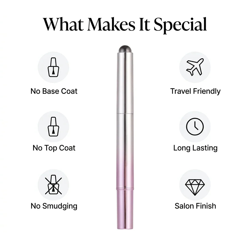 Pocket Glam gel pen: no base coat, no top coat, no smudging, travel friendly, long lasting, salon finish