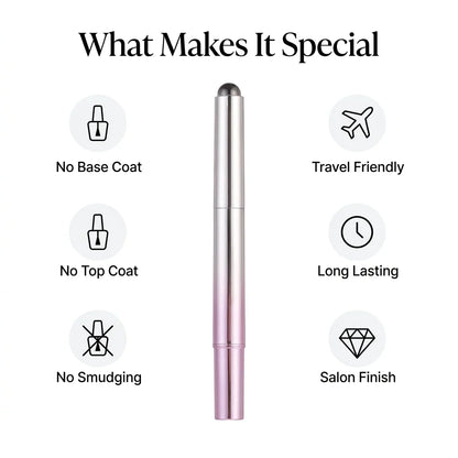 Pocket Glam gel pen: no base coat, no top coat, no smudging, travel friendly, long lasting, salon finish